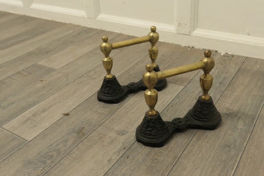A Sturdy Pair of Victorian Brass and Iron Andirons or Fire Dogs View III