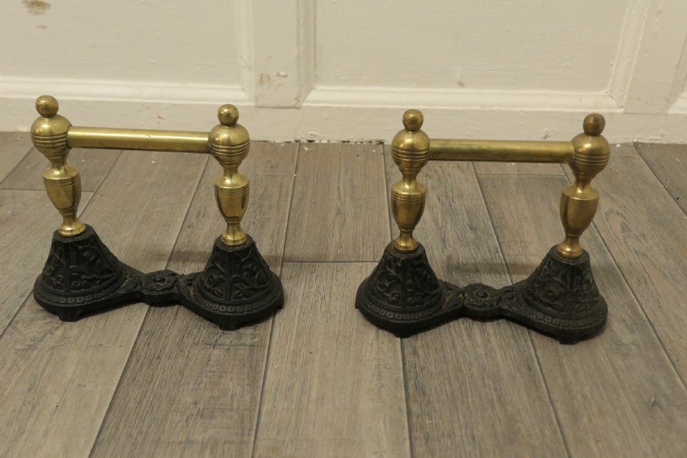 A Sturdy Pair of Victorian Brass and Iron Andirons or Fire Dogs View IV