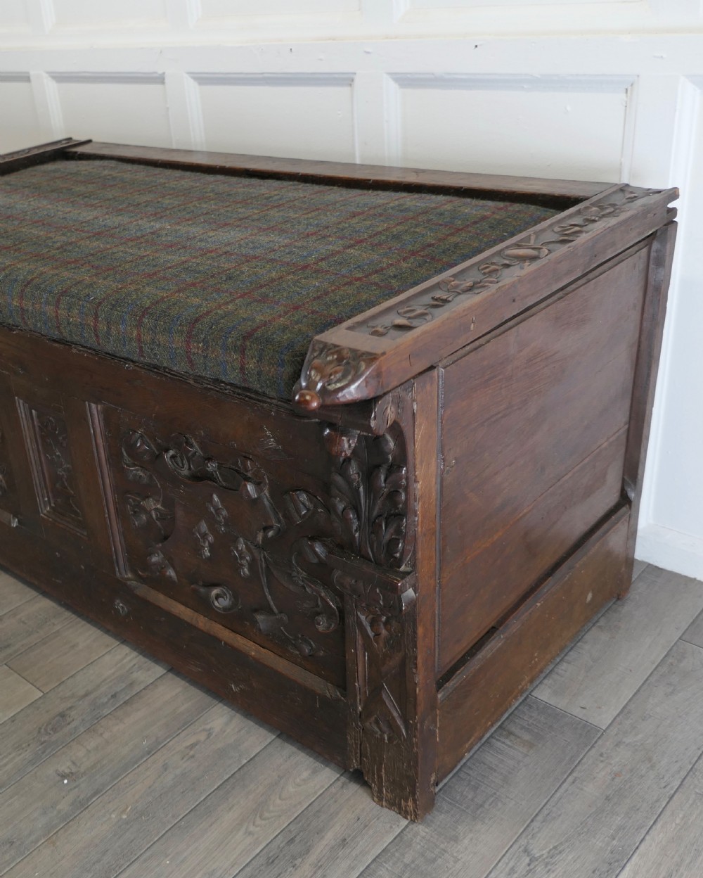 Large 18th Century Carved Oak Coffer, Hall Seat View III