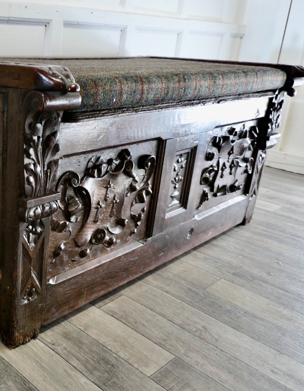 Large 18th Century Carved Oak Coffer, Hall Seat View IV