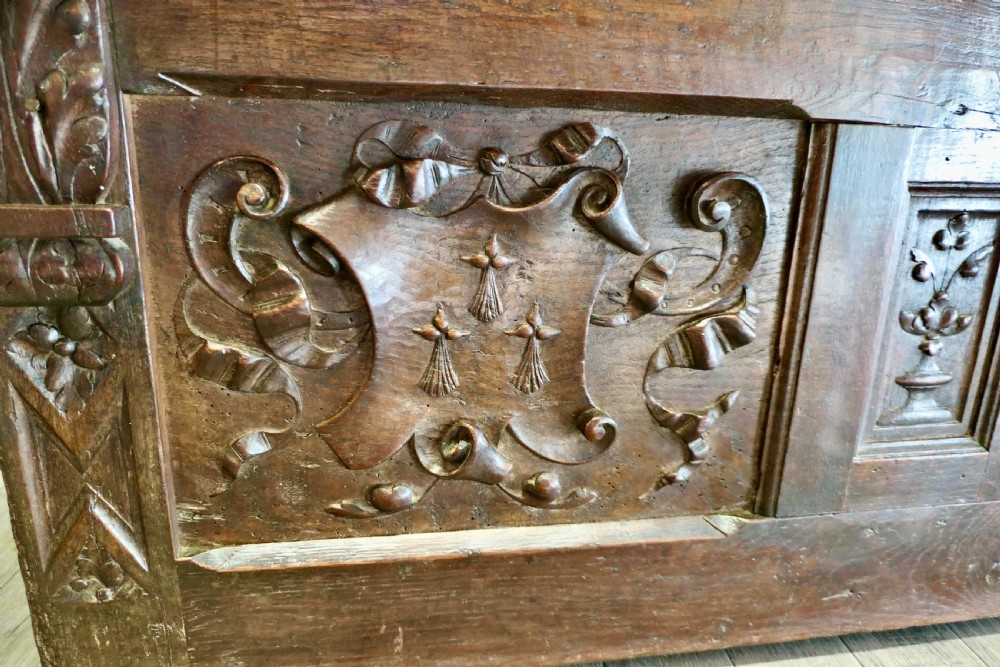 Large 18th Century Carved Oak Coffer, Hall Seat View VII