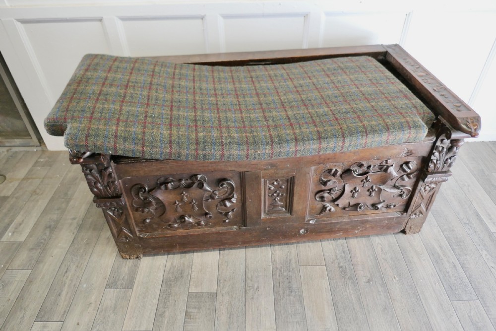 Large 18th Century Carved Oak Coffer, Hall Seat View VIII