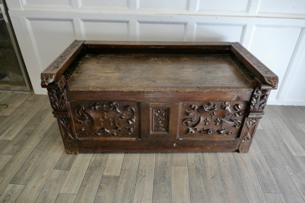 Large 18th Century Carved Oak Coffer, Hall Seat View IX