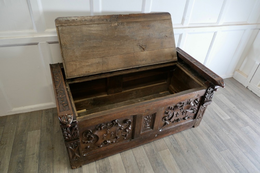 Large 18th Century Carved Oak Coffer, Hall Seat View X
