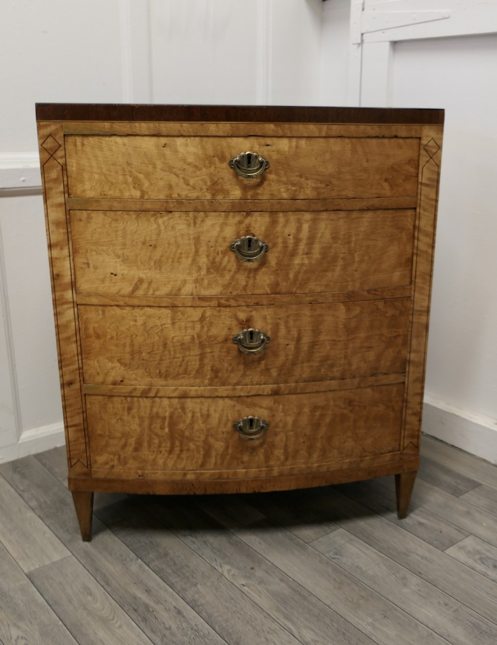 Art Deco 4 Drawer Bow Front Chest of Drawers in Bird’s Eye Maple