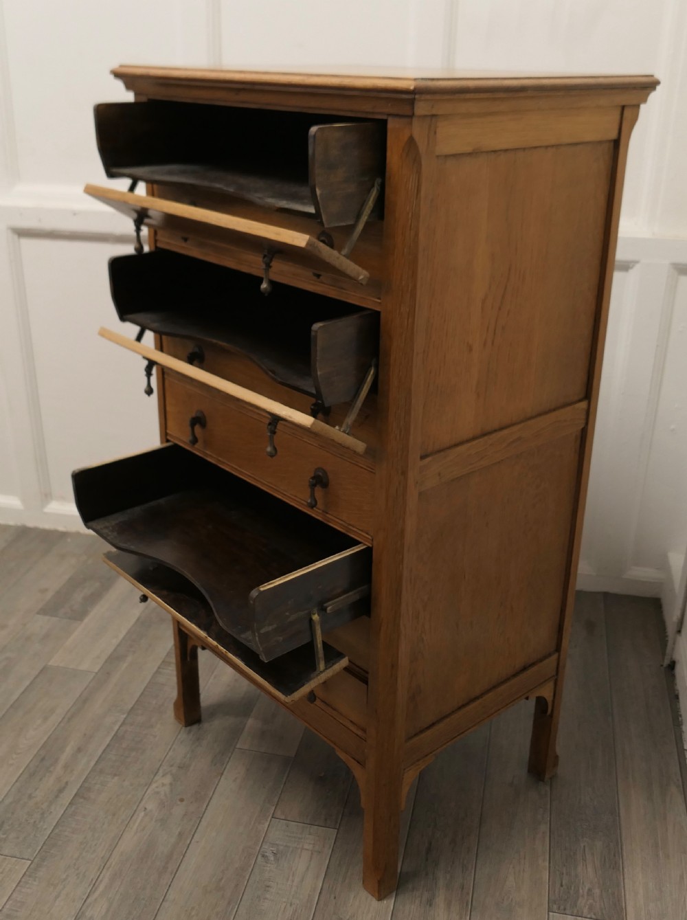 Golden Oak Arts and Crafts 8 Slide Music Cabinet View V