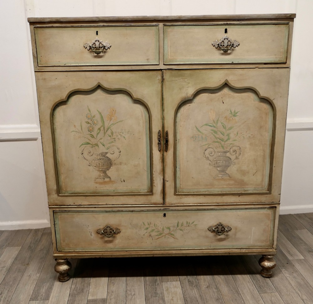 Large Regency Hand Painted Linen Press Cupboard