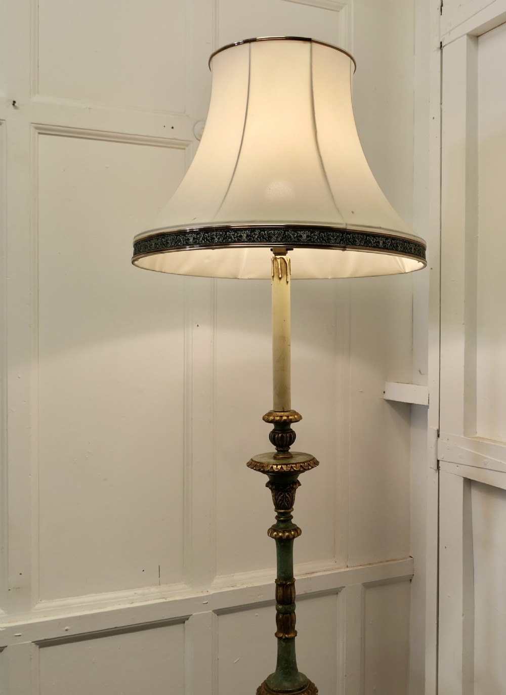 Tall Painted Green and Giltwood Floor Standing or Standard Lamp View IV