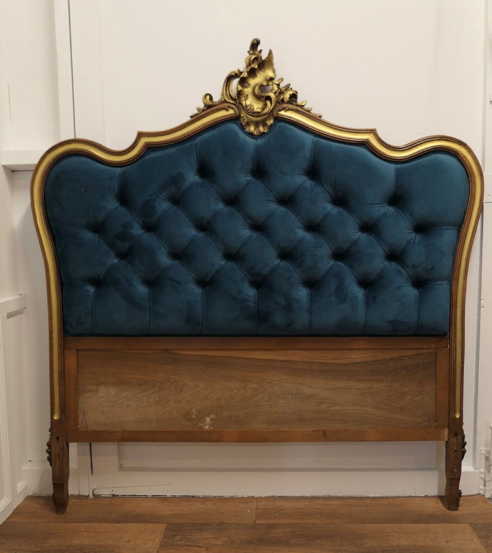 French Upholstered Bed Head, Deeply Buttoned in Teal Velvet 