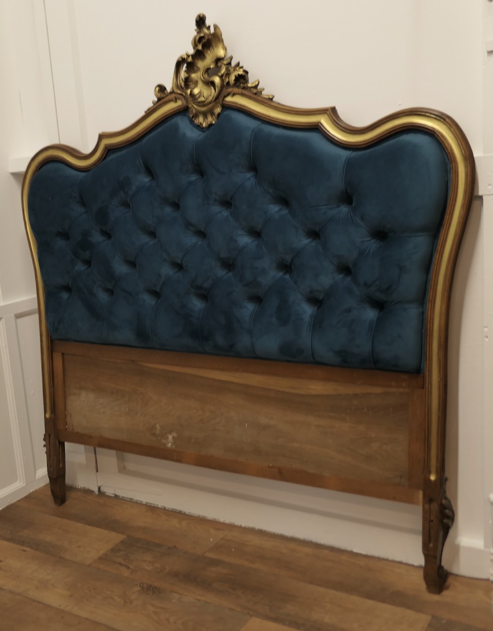 French Upholstered Bed Head, Deeply Buttoned in Teal Velvet  View II