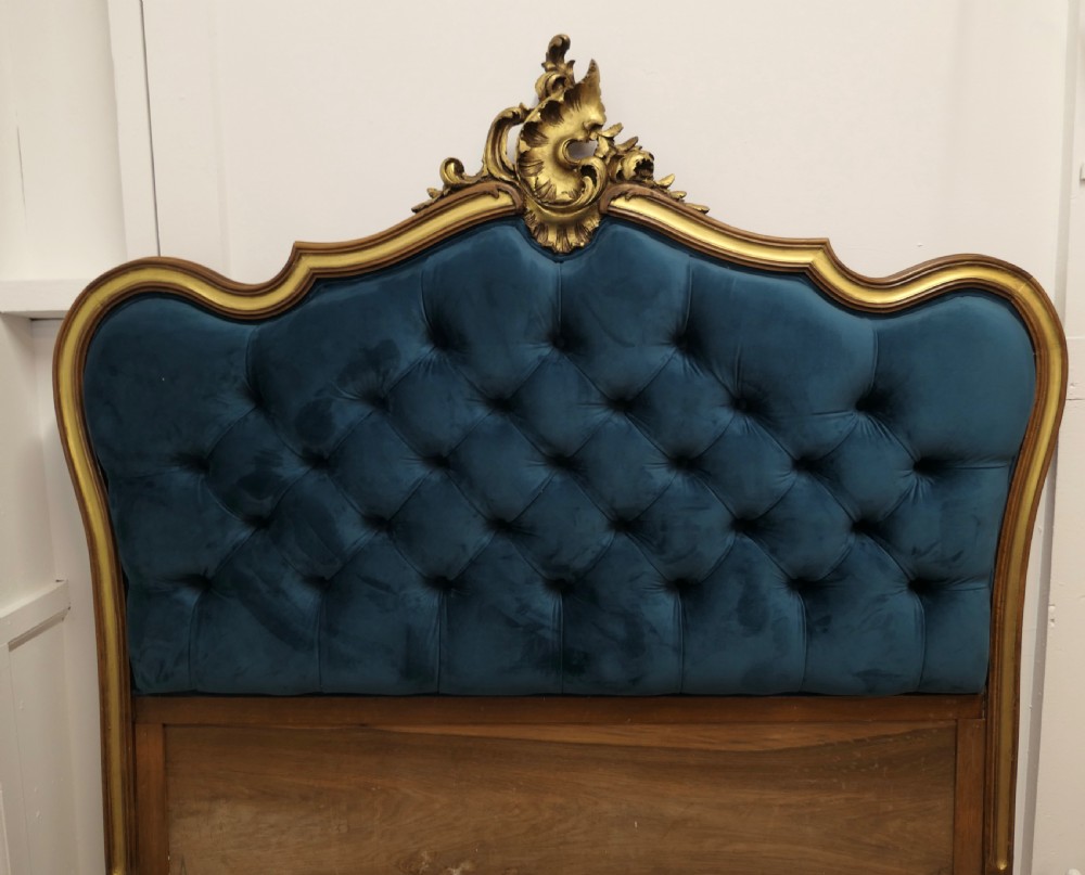 French Upholstered Bed Head, Deeply Buttoned in Teal Velvet  View III