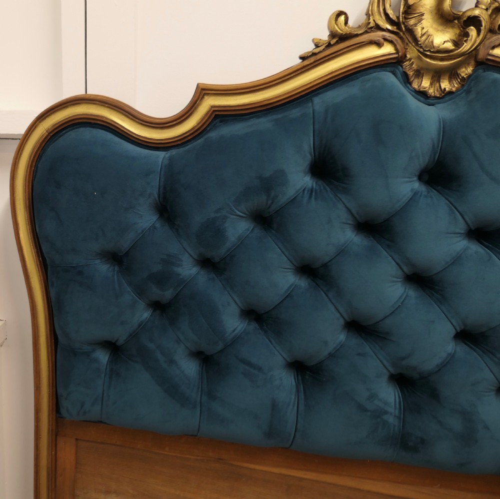 French Upholstered Bed Head, Deeply Buttoned in Teal Velvet  View IV