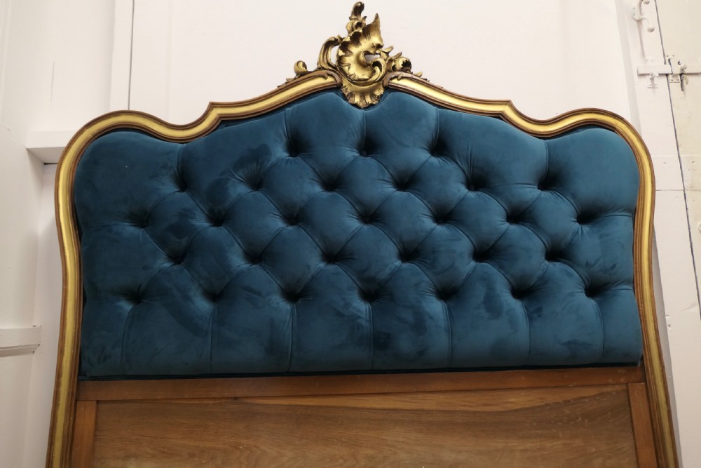 French Upholstered Bed Head, Deeply Buttoned in Teal Velvet  View V