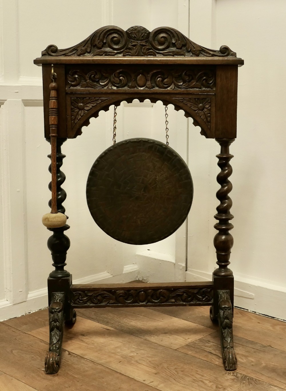 Gothic Carved Oak and Brass Hallway Dinner Gong