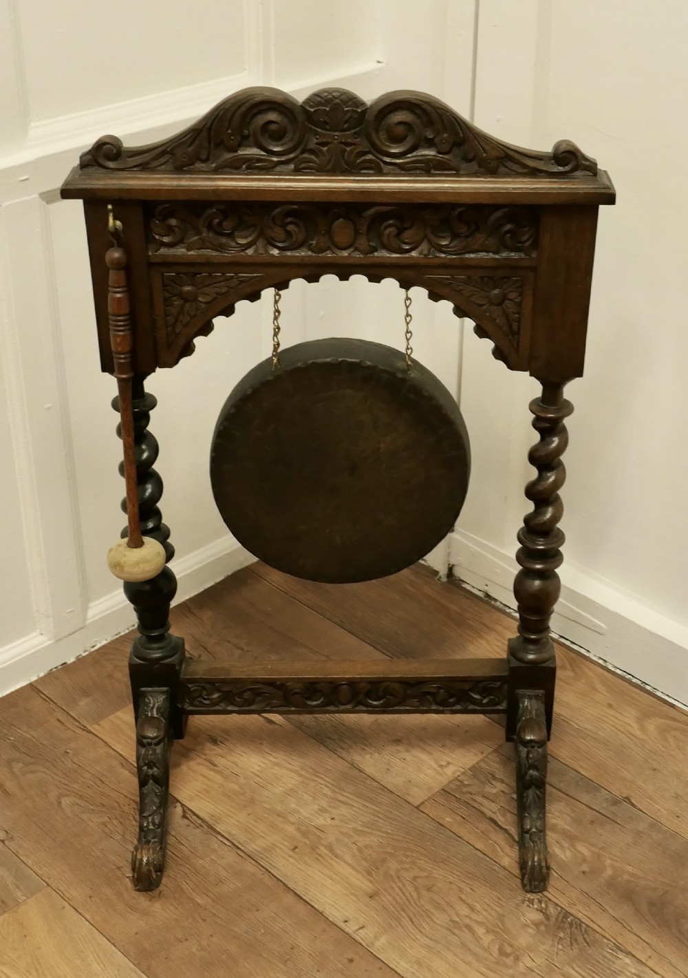 Gothic Carved Oak and Brass Hallway Dinner Gong View II
