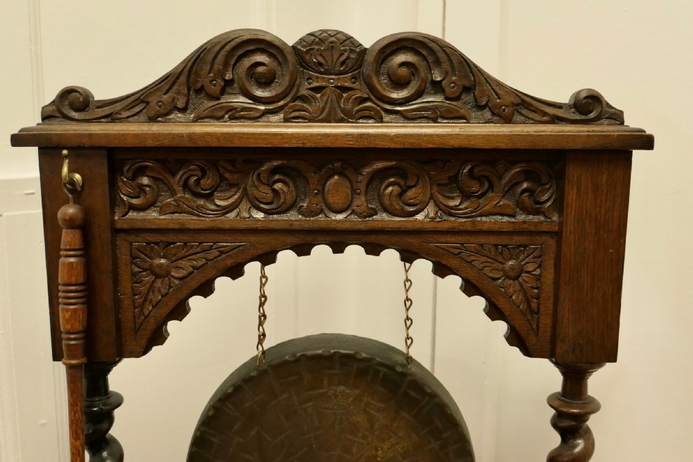 Gothic Carved Oak and Brass Hallway Dinner Gong View III