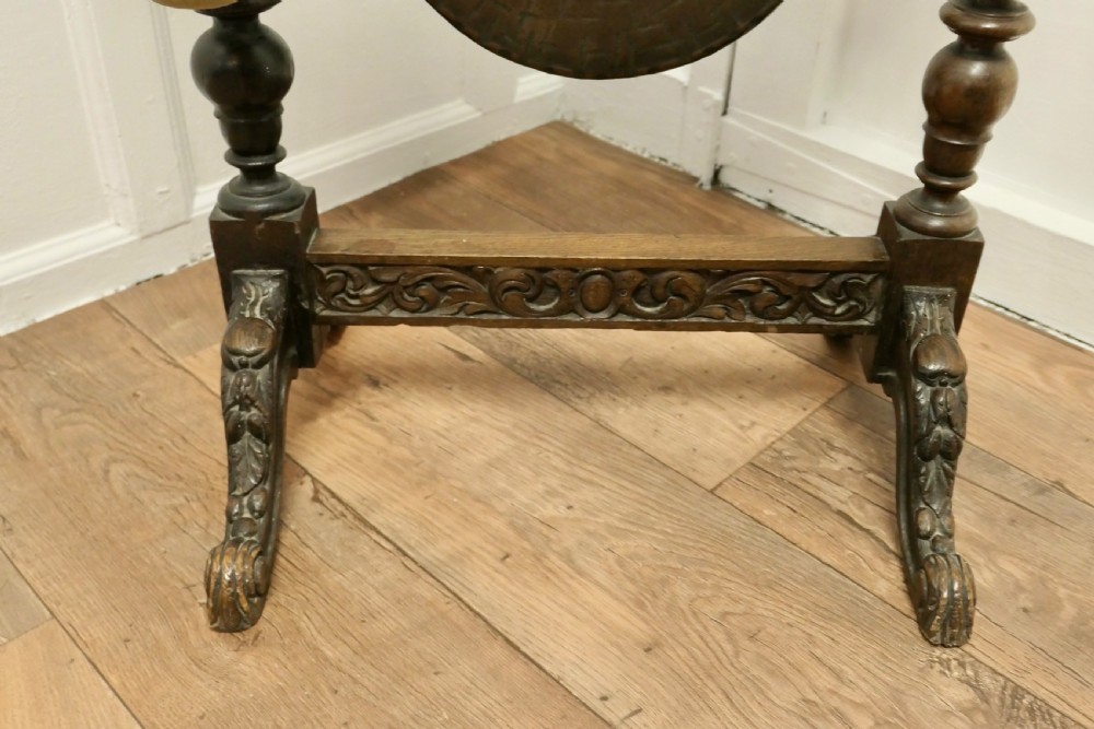 Gothic Carved Oak and Brass Hallway Dinner Gong View IV
