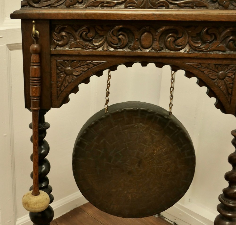 Gothic Carved Oak and Brass Hallway Dinner Gong View V