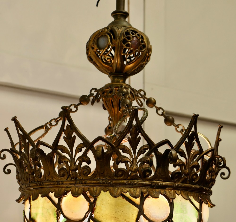 Large Arts and Crafts Stained Glass Hall Lantern Ceiling Light View V