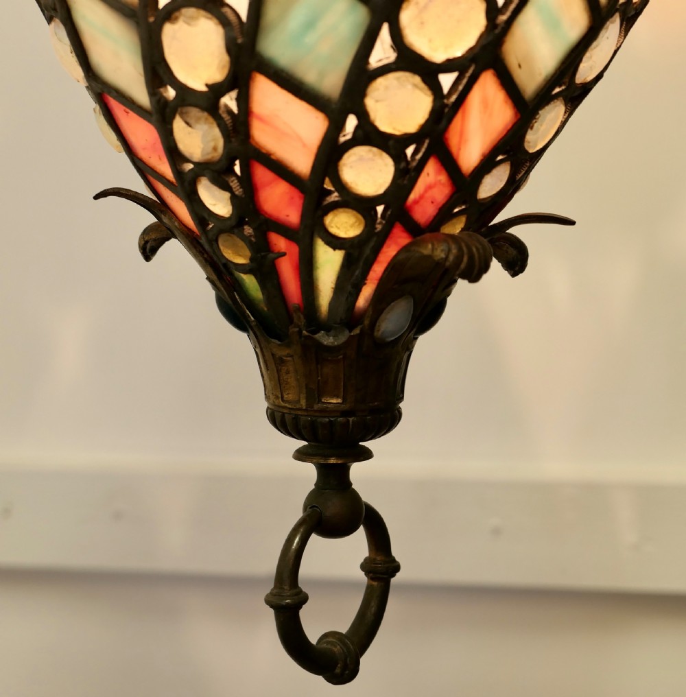 Large Arts and Crafts Stained Glass Hall Lantern Ceiling Light View X