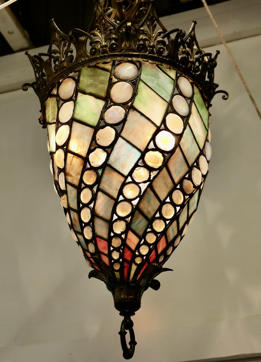 Large Arts and Crafts Stained Glass Hall Lantern Ceiling Light View XI
