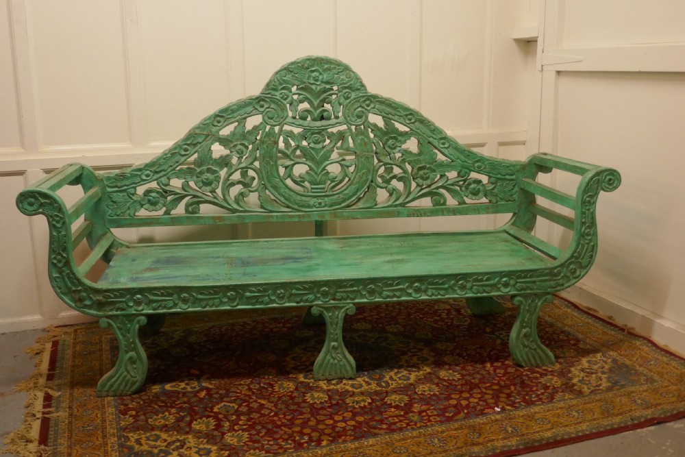 Large Anglo Indian Teak Carved Painted Settee, Bench