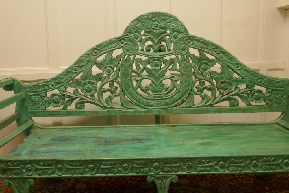 Large Anglo Indian Teak Carved Painted Settee, Bench View II