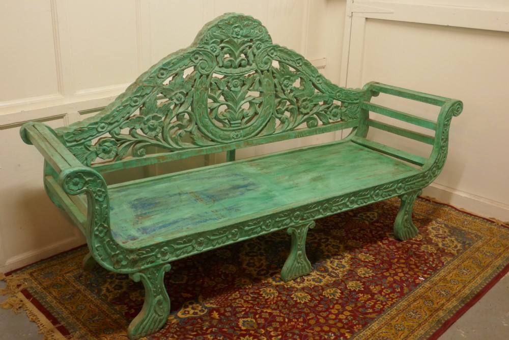 Large Anglo Indian Teak Carved Painted Settee, Bench View III
