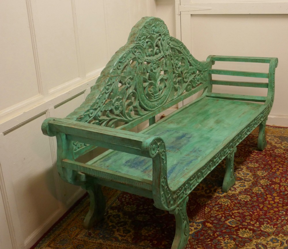 Large Anglo Indian Teak Carved Painted Settee, Bench View IV