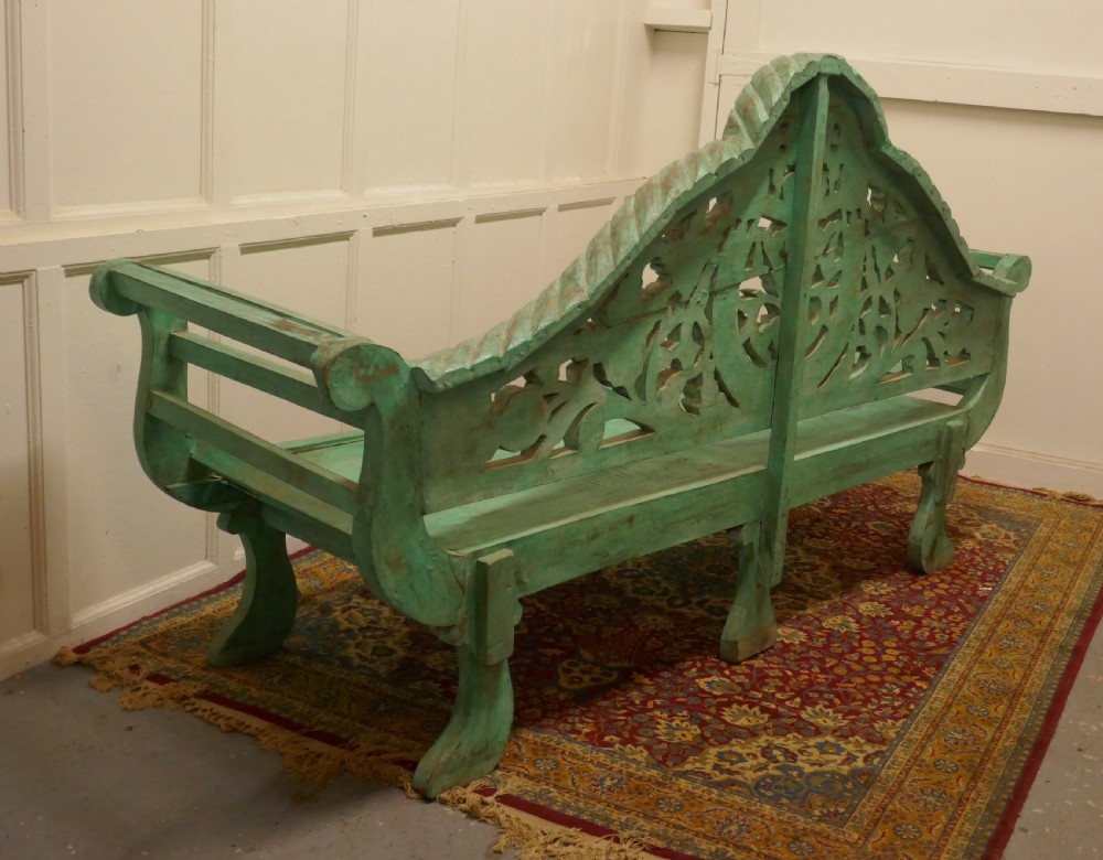 Large Anglo Indian Teak Carved Painted Settee, Bench View V