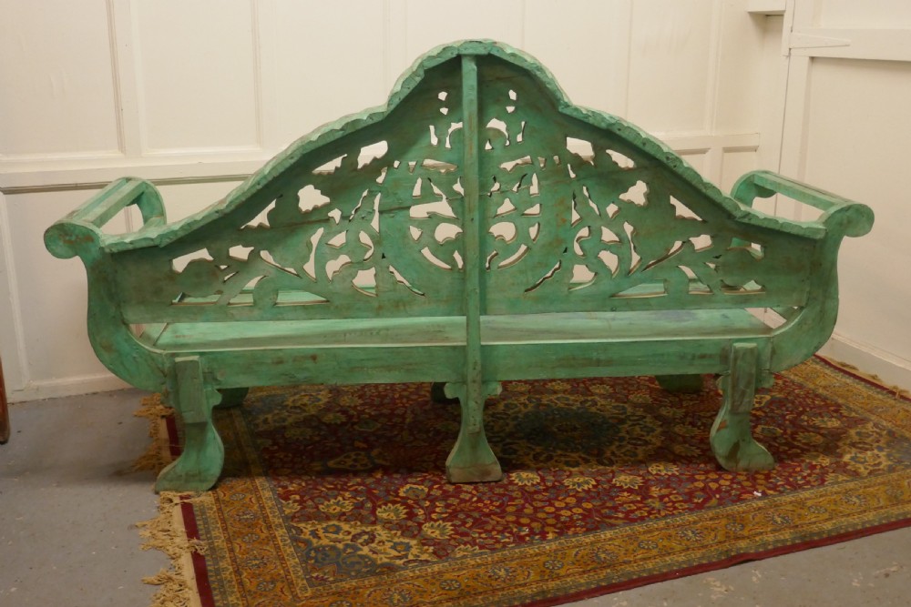 Large Anglo Indian Teak Carved Painted Settee, Bench View VI