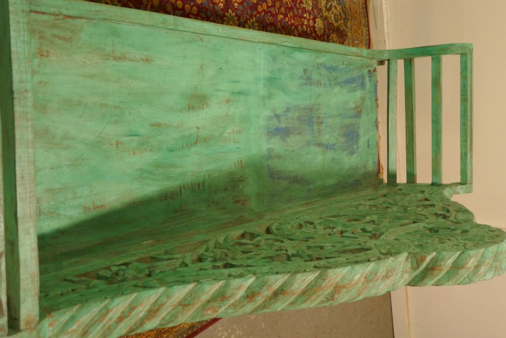 Large Anglo Indian Teak Carved Painted Settee, Bench View VII