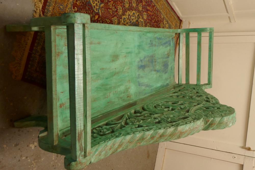 Large Anglo Indian Teak Carved Painted Settee, Bench View VIII
