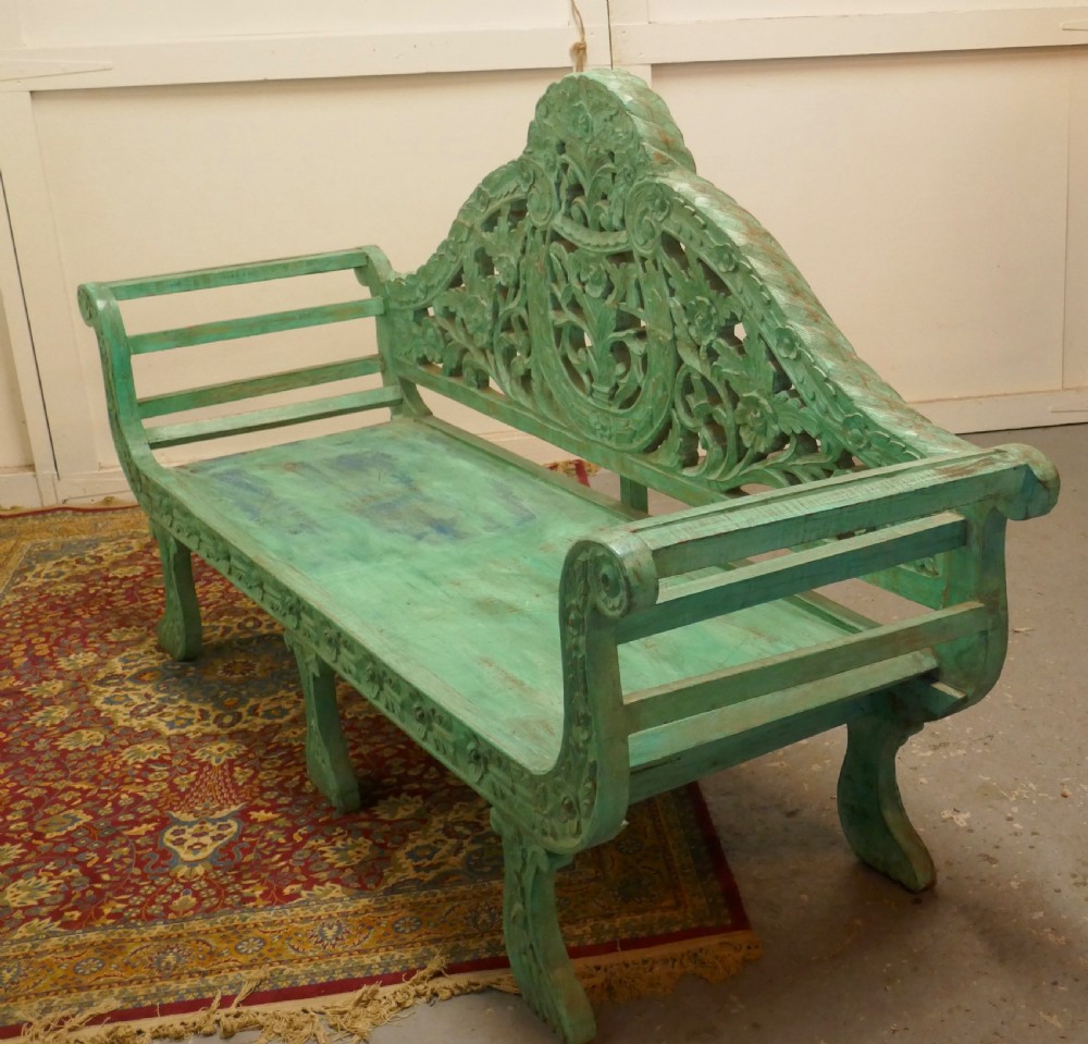 Large Anglo Indian Teak Carved Painted Settee, Bench View IX
