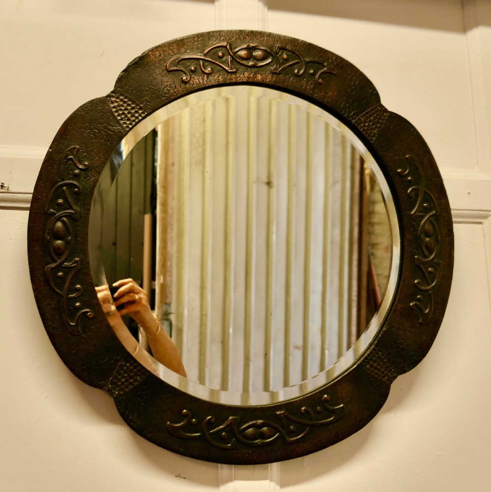 Beautiful Art Nouveau Round Copper Wall Mirror  