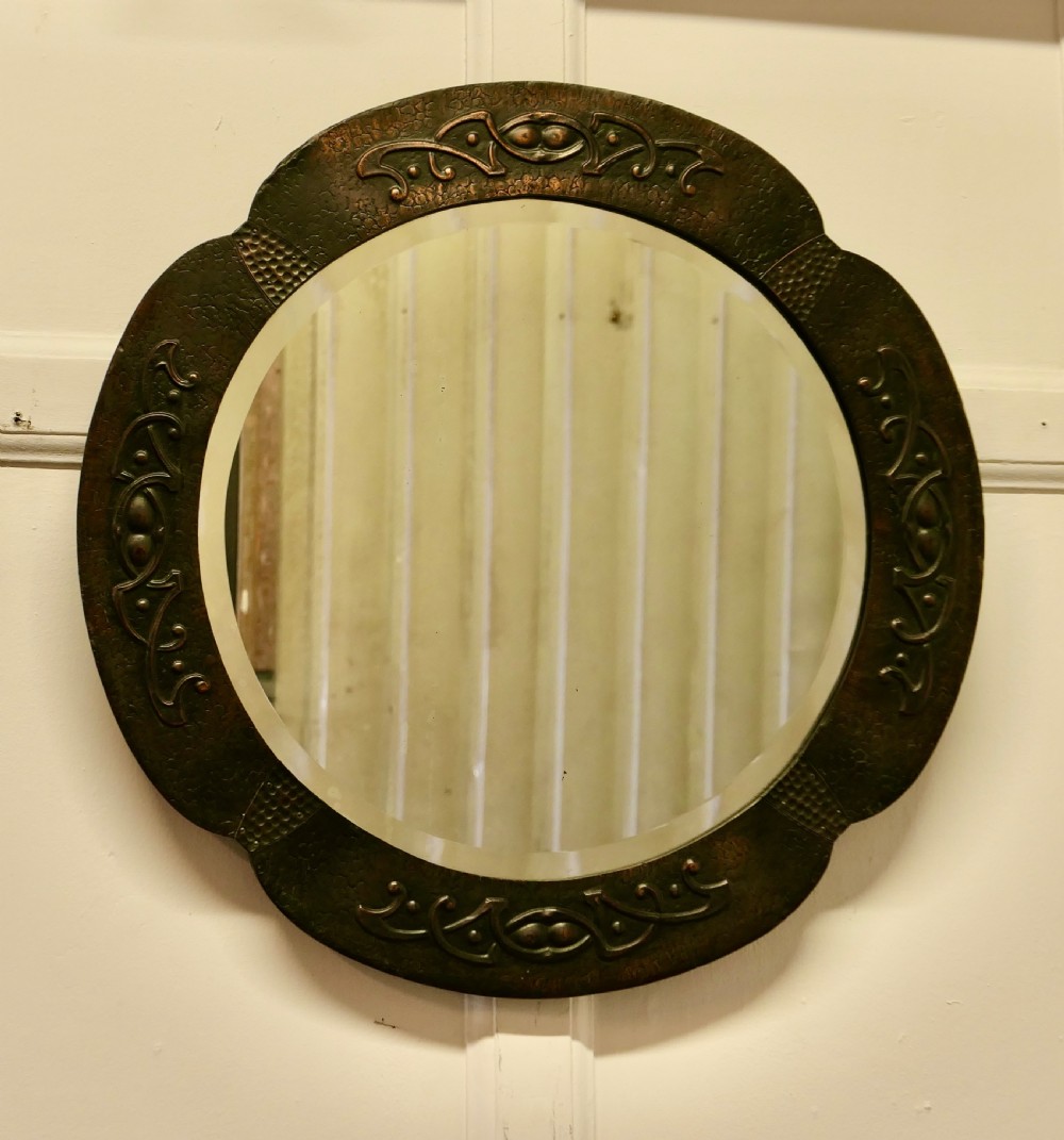 Beautiful Art Nouveau Round Copper Wall Mirror   View III