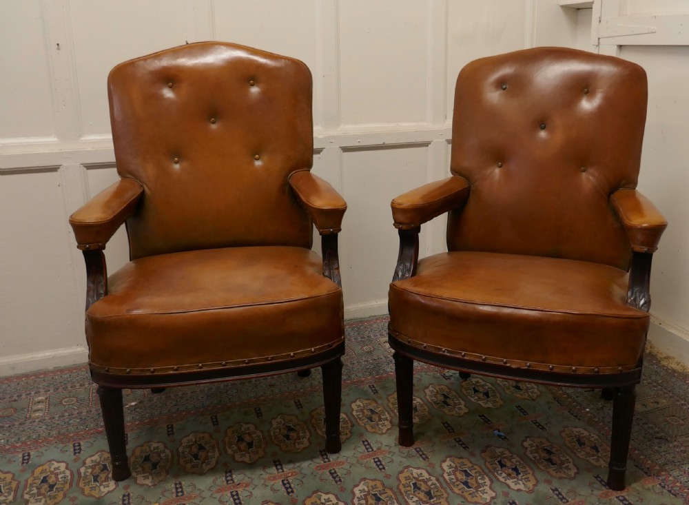 A Pair of French Arts and Crafts Salon or Library Leather  Chairs 
