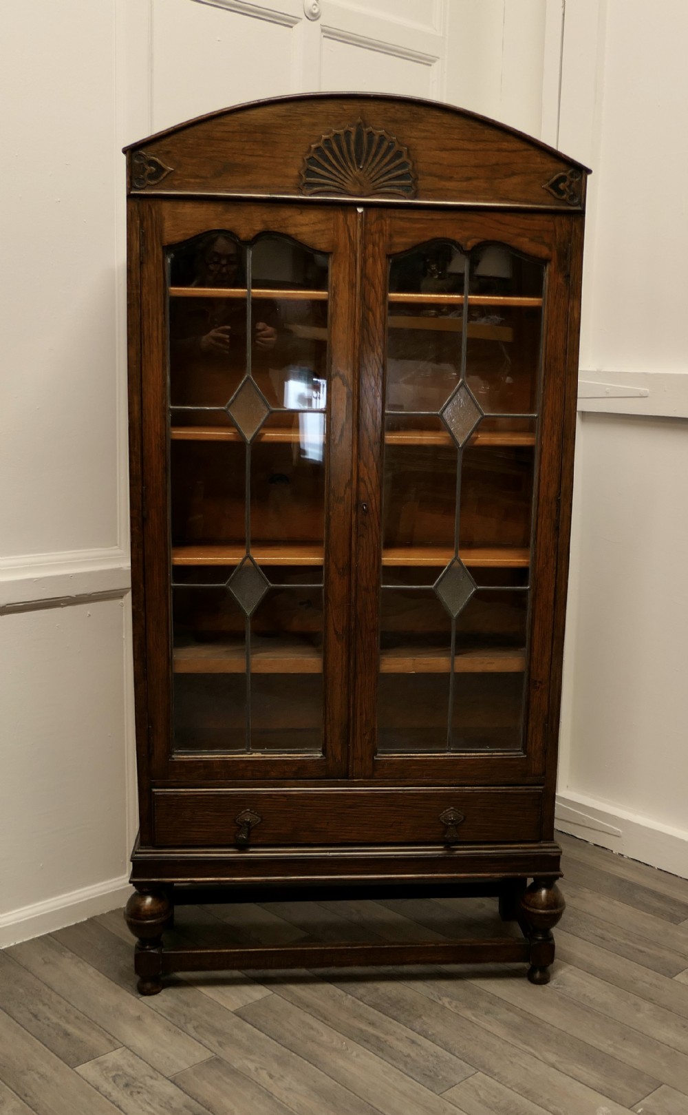Large Dutch Style Art Deco Oak 2 Door Glazed Bookcase.