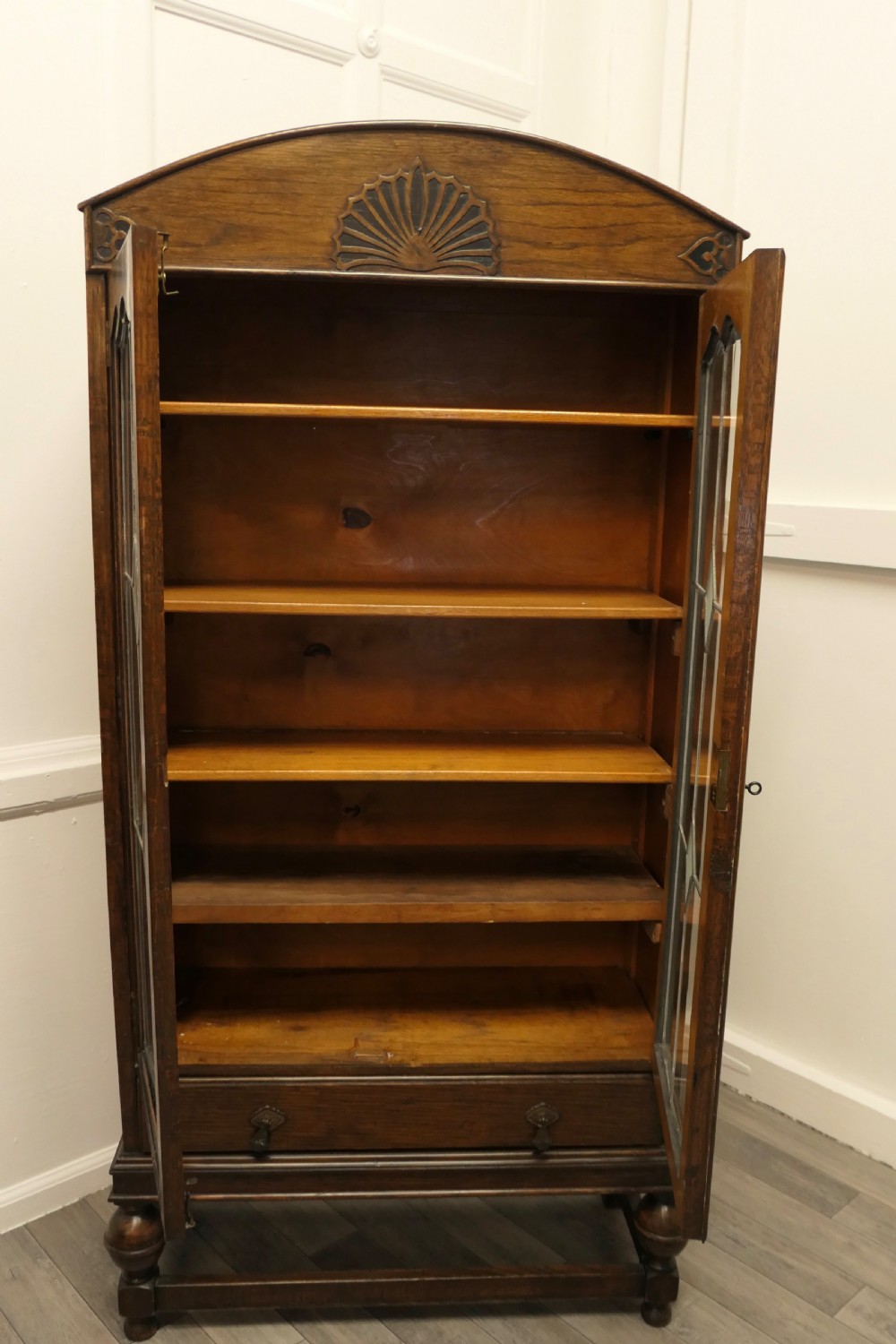 Large Dutch Style Art Deco Oak 2 Door Glazed Bookcase. View V