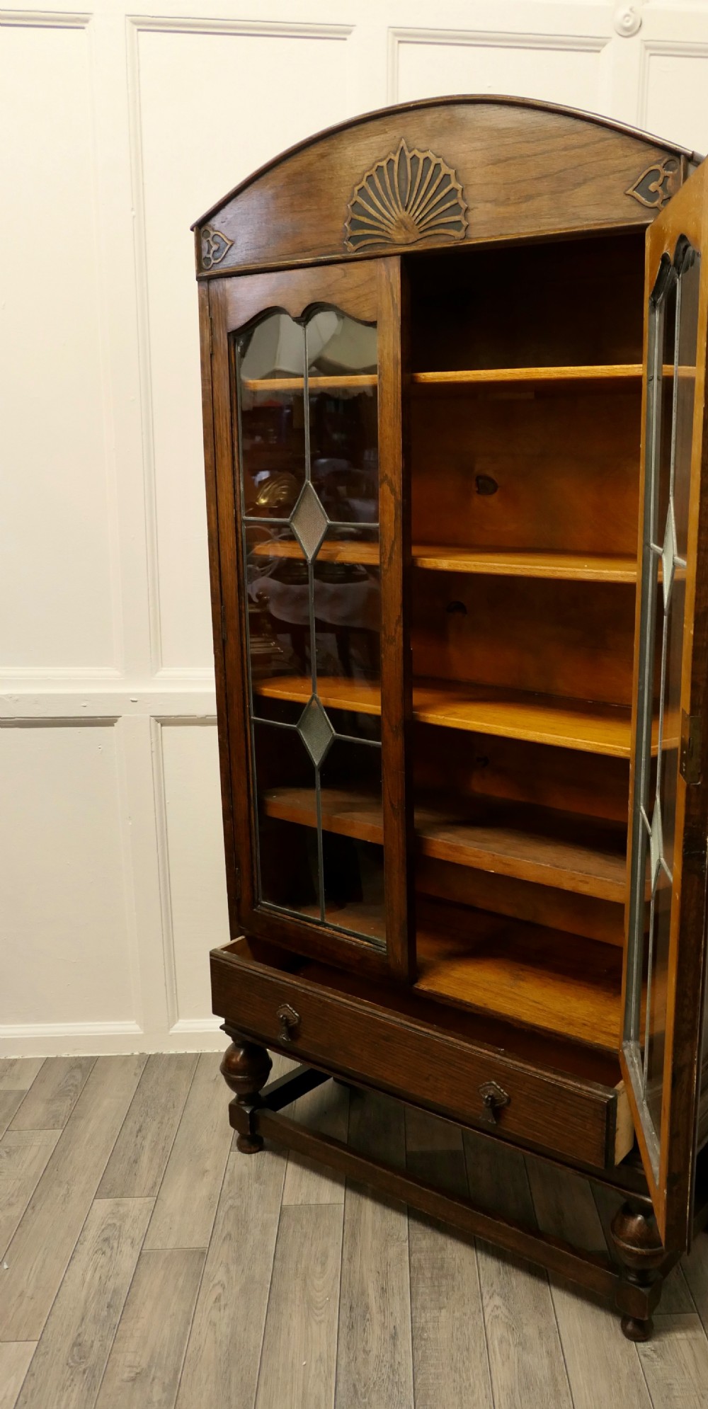 Large Dutch Style Art Deco Oak 2 Door Glazed Bookcase. View VII