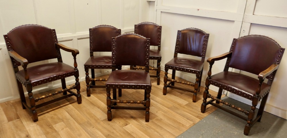 Set of 6 Heavy Arts and Crafts Gothic Oak and Leather Dining or Boardroom Chairs View II