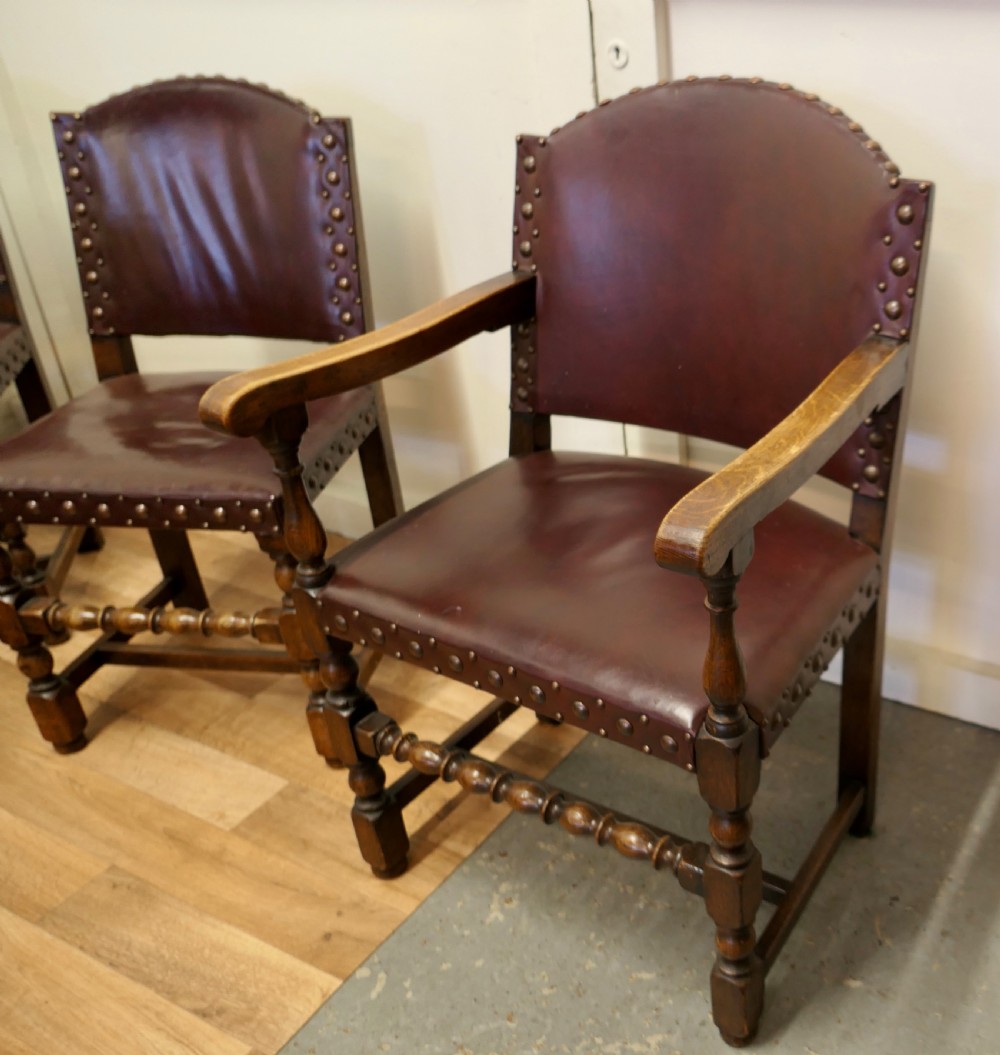 Set of 6 Heavy Arts and Crafts Gothic Oak and Leather Dining or Boardroom Chairs View III
