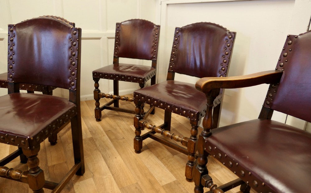 Set of 6 Heavy Arts and Crafts Gothic Oak and Leather Dining or Boardroom Chairs View IV