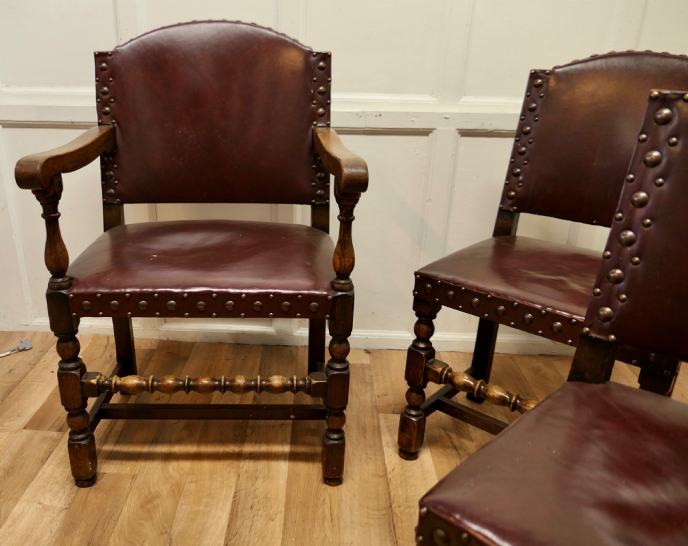 Set of 6 Heavy Arts and Crafts Gothic Oak and Leather Dining or Boardroom Chairs View V
