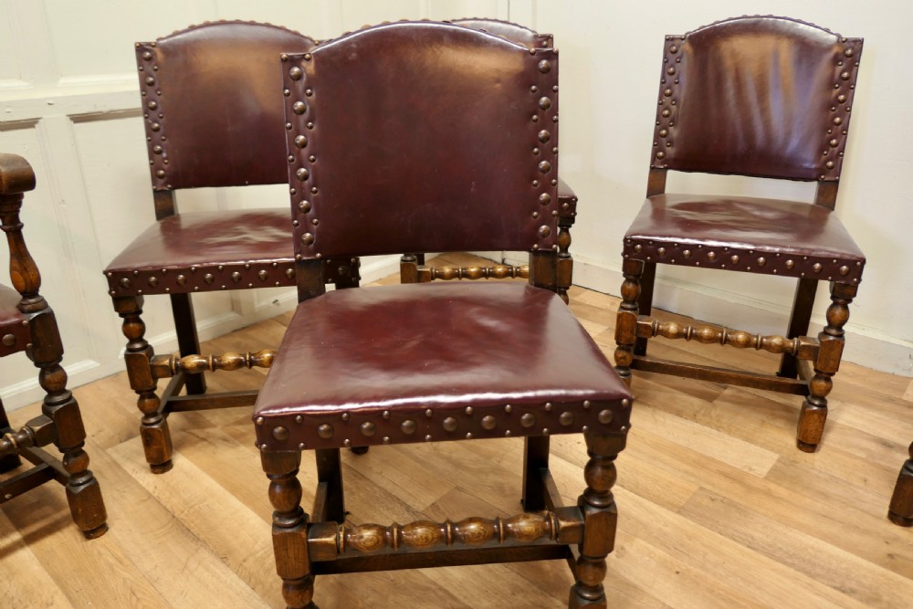 Set of 6 Heavy Arts and Crafts Gothic Oak and Leather Dining or Boardroom Chairs View VI