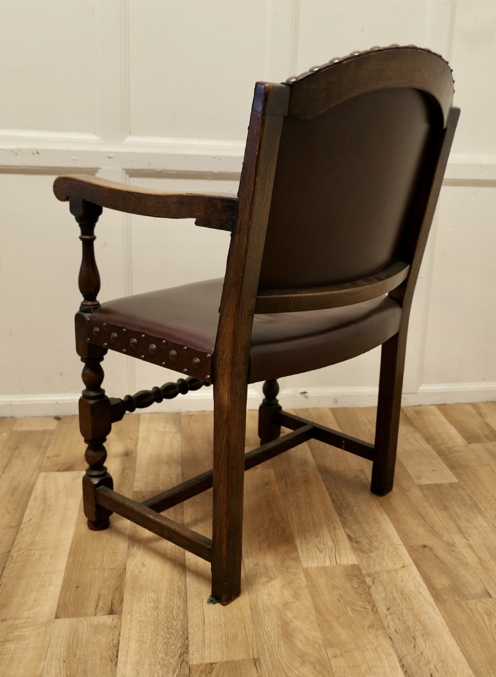 Set of 6 Heavy Arts and Crafts Gothic Oak and Leather Dining or Boardroom Chairs View IX