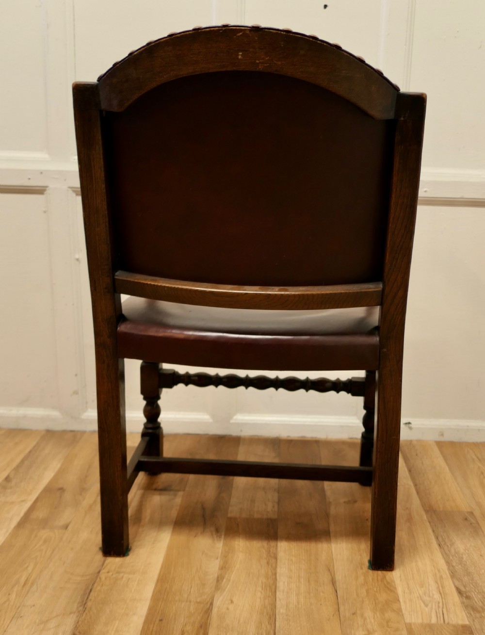 Set of 6 Heavy Arts and Crafts Gothic Oak and Leather Dining or Boardroom Chairs View X