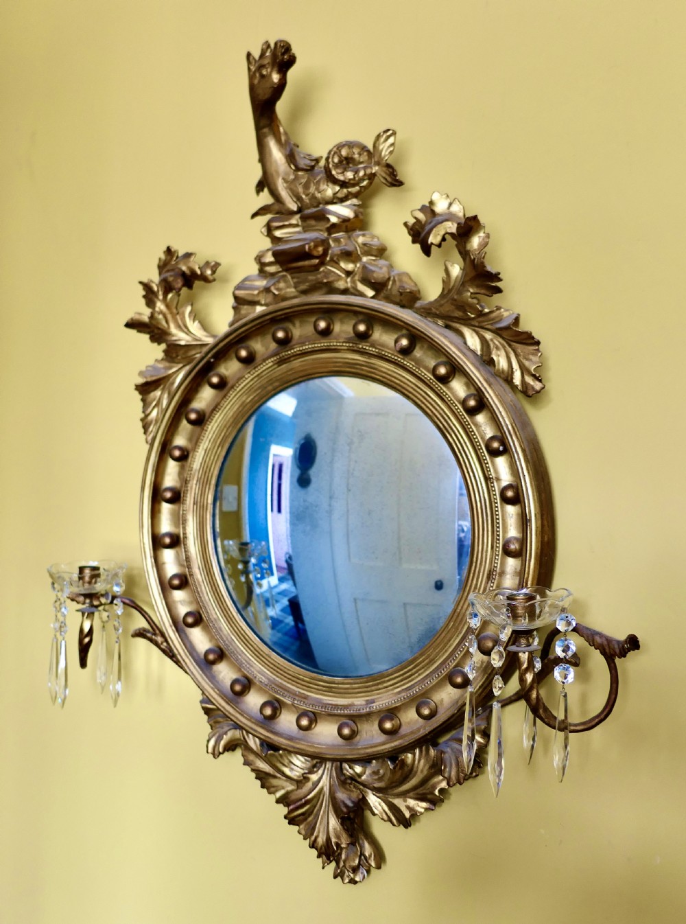 A Large Regency Convex Gilt Girandole Wall Mirror 