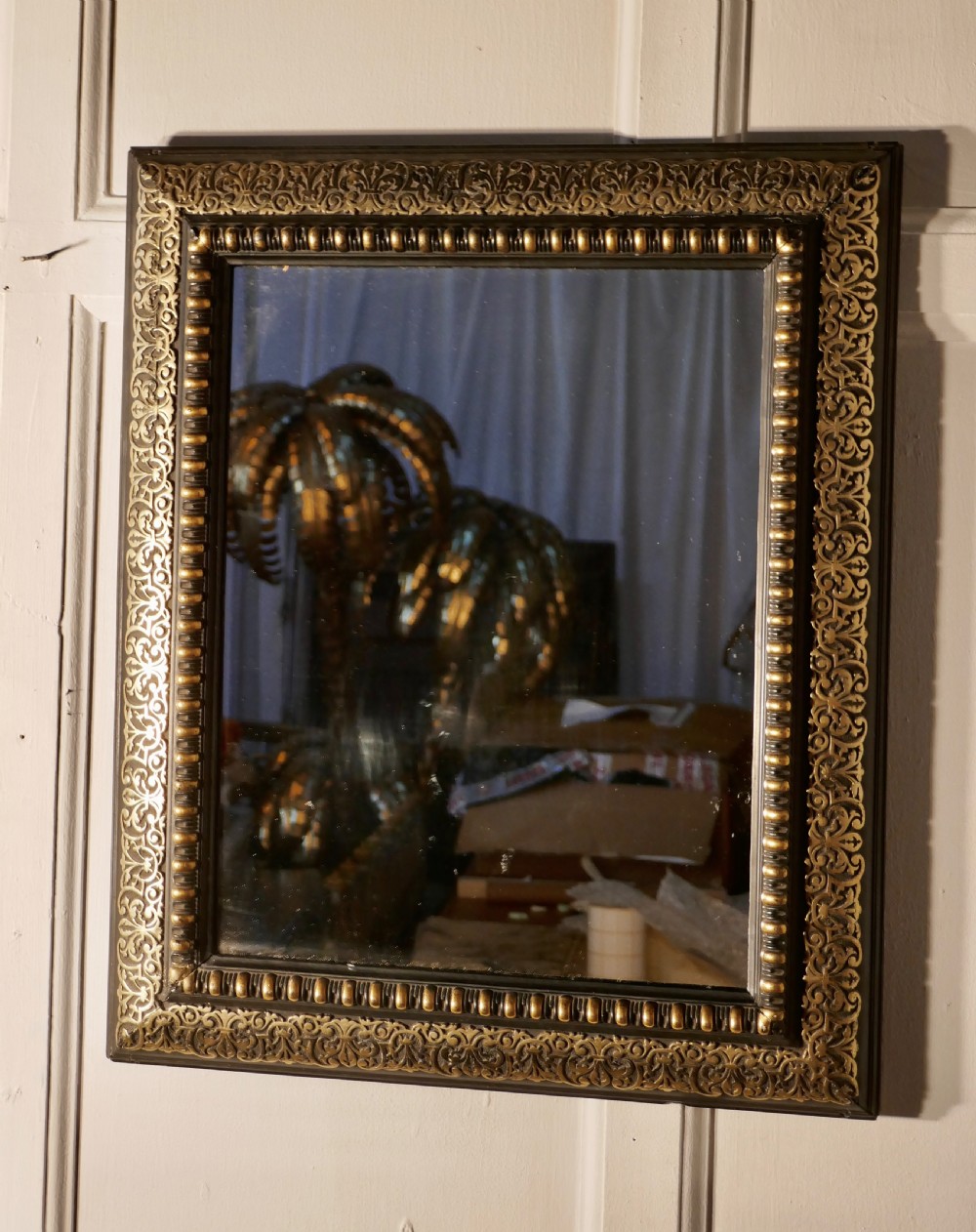 Stunning French Empire Gilt Brass and Black Lacquer Wall Mirror View III