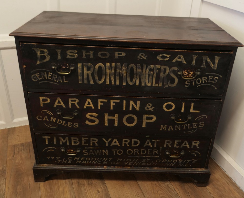 Painted Pine Chest of Drawers, Advertising Bishop and Cain Ironmongers View III
